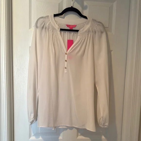 Women’s Lilly Pulitzer White 100% Silk Elsa Blouse Top- Large NWT - Picture 1 of 7